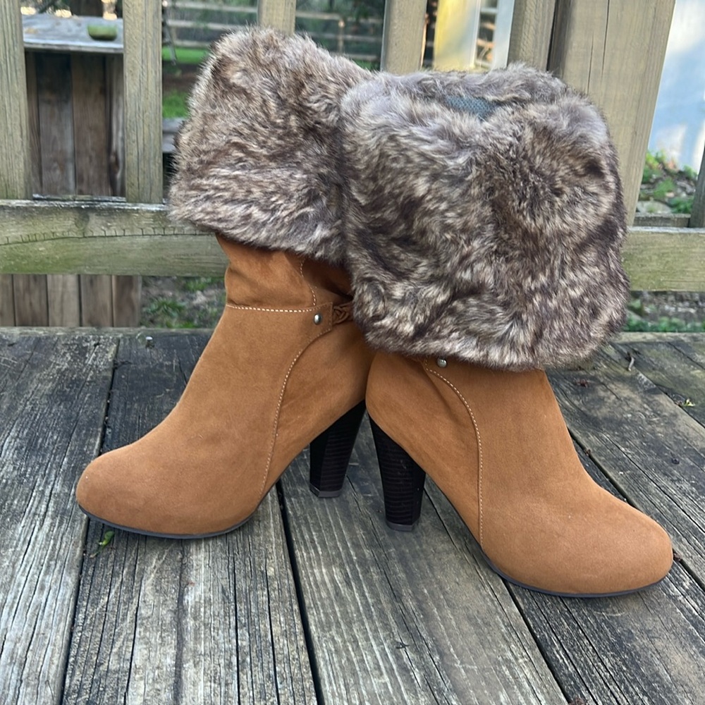 Faux fur suede heeled boots